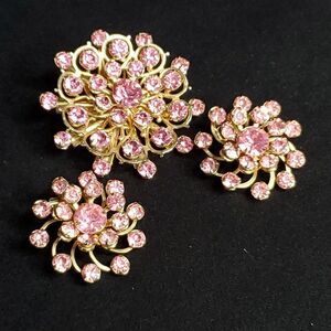 Vintage Rhinestone Brooch Clip Earring Set Floral Flower Birthstone